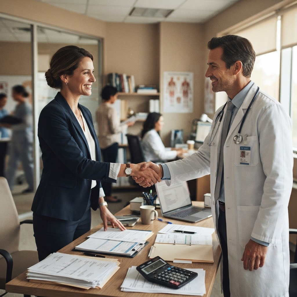 A financial administrator and a physician reviewing invoices and shaking hands