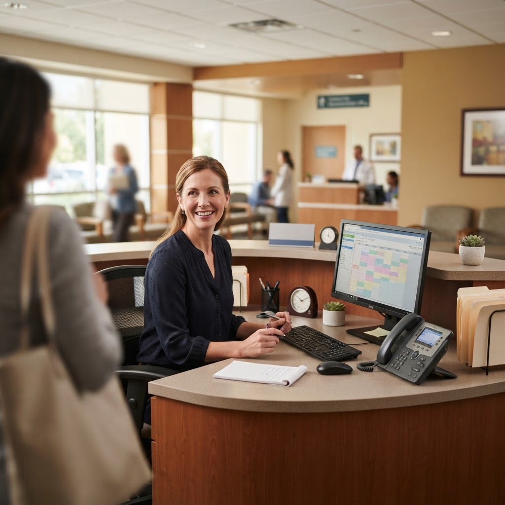 A receptionist at a bright reception desk ready to assist
