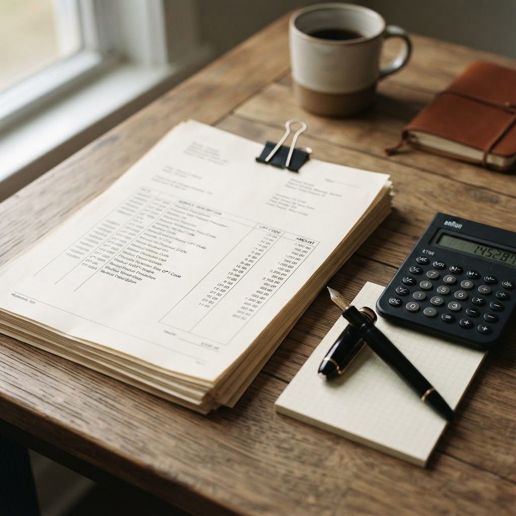 Organised medical invoices and a calculator on a desk